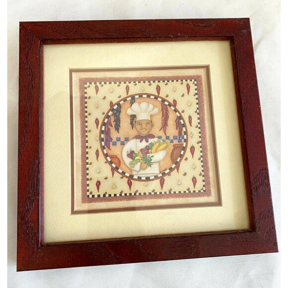 Garden Ridge Red Chili Peppers w Chef Wood Framed Artwork Kitchen Lacuisine 7x7 - Picture 1 of 7